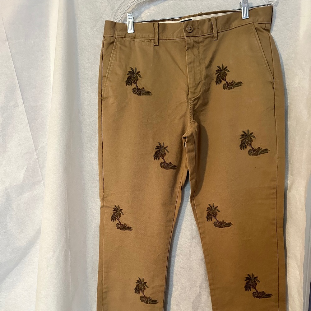 J.Crew Men's Broken In Khaki's, Tan with palm tree print, 34x30